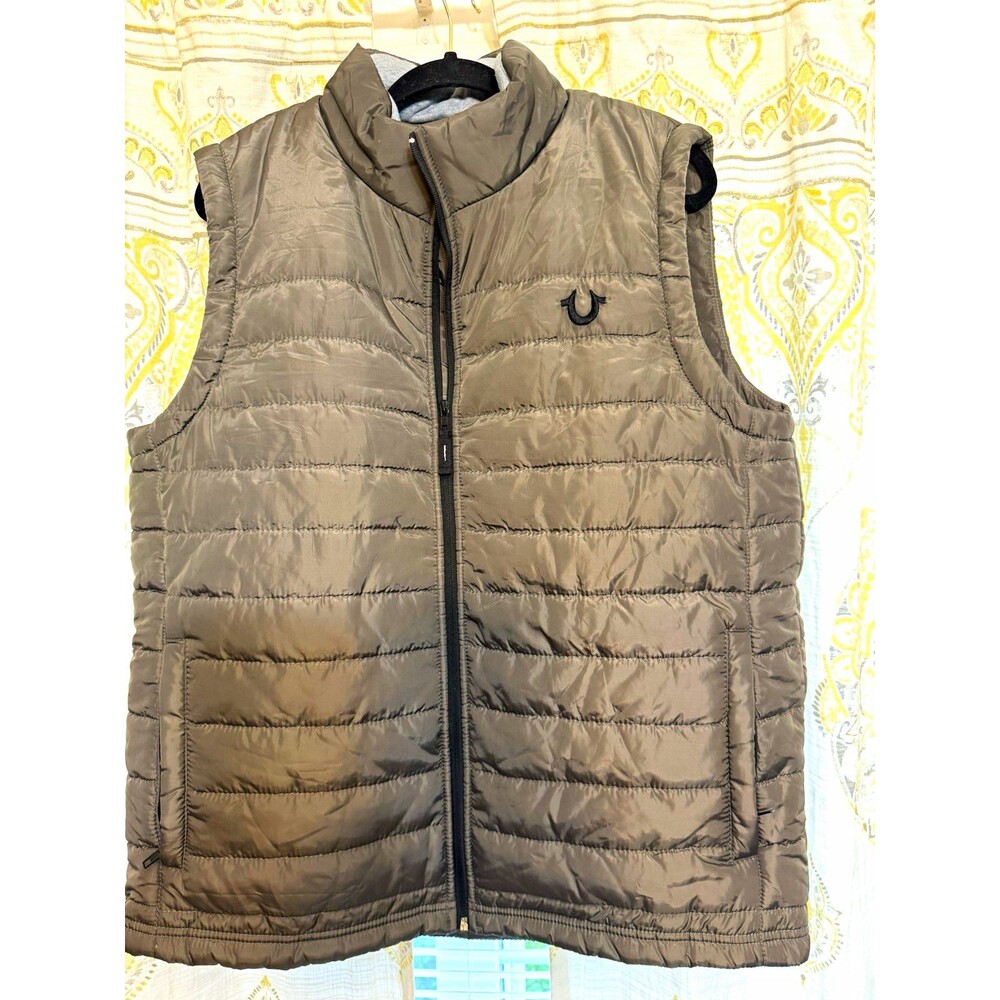 True Religion men’s L gray quilted puffer vest full zip pockets stand collar